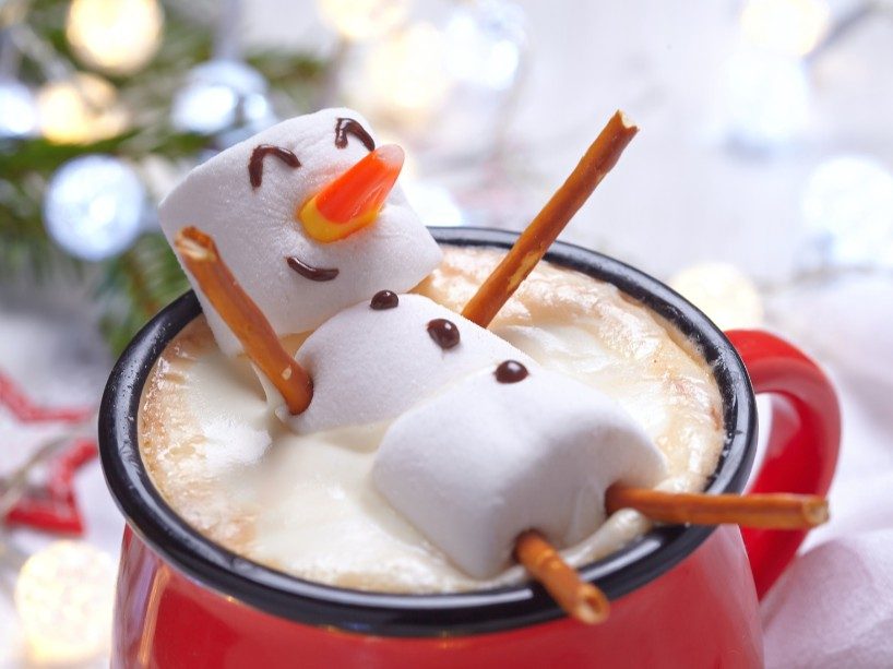 marshmallow snowman in a hot chocolate drink